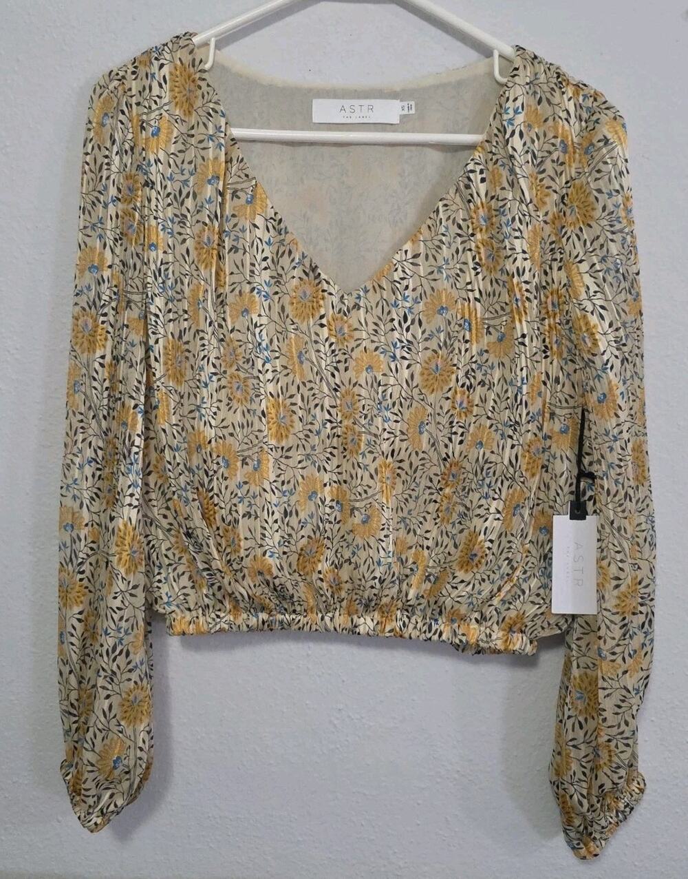 Astr Womens Yellow Balloon Sleeve V Neck Pleated Floral Print Blouse Top Size XS